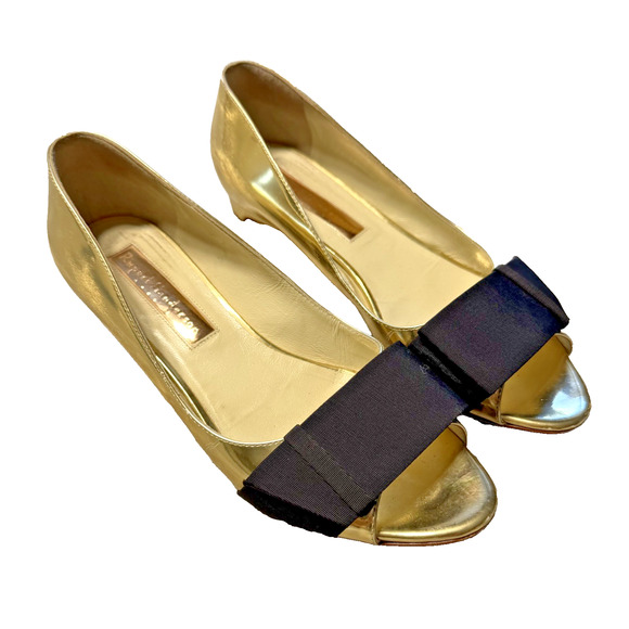 Rupert Sanderson London Gold Mirror Peep Open Toe Black Bow Retro Style Flats - Picture 1 of 13